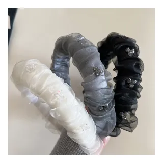 【MISS KOREA】歐根紗髮圈/唯美歐根紗抓褶手工珠飾高顱頂髮圈 髮箍(3色任選)