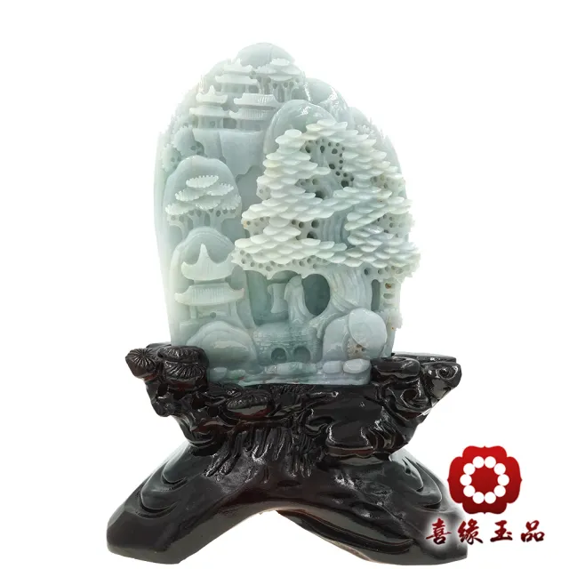 【喜緣玉品】山水 天然翡翠A貨 綠映 青松入景 有靠山  風水擺設 擺件-僅此一品(開運風水)(直)