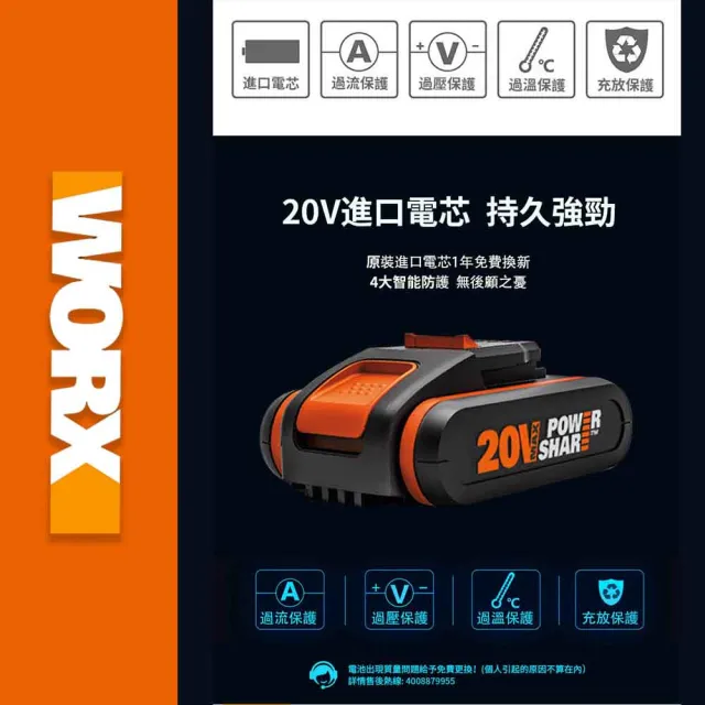 【WORX 威克士】20V 45cm 鋰電籬笆剪-單電池套裝組(WG261E)