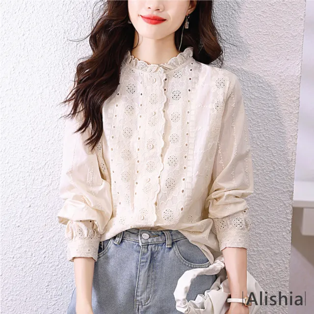 【Alishia】淑女氣質荷葉領蕾絲繡花襯衫 M-2XL(米色/白色)