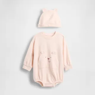 【GAP】嬰兒裝 小熊刺繡趣味圓領長袖包屁衣家居套裝-淺粉色(816503)