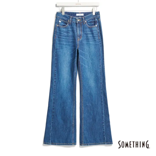 【SOMETHING】女裝 斜剪接無彈丹寧靴型褲(中古藍)