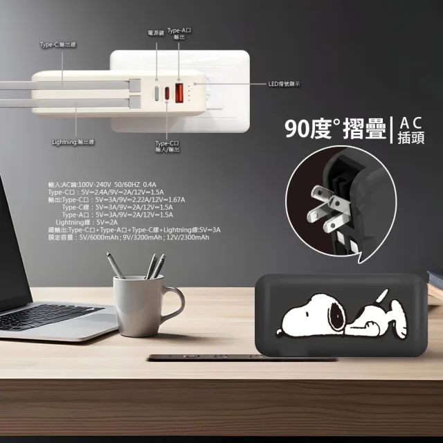 【SNOOPY 史努比】10000mAh 萬國充自帶線行動電源_37Wh(附萬國插頭組/PSN-136)