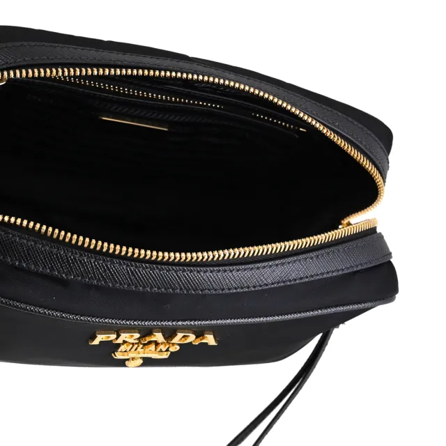 【PRADA 普拉達】經典浮雕LOGO尼龍帆布皮飾邊方包斜背包(黑)