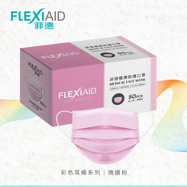 【Flexi-Aid 菲德】醫療防護口罩（成人用）瑰鑽粉／50入盒裝(舒適耳繩設計)