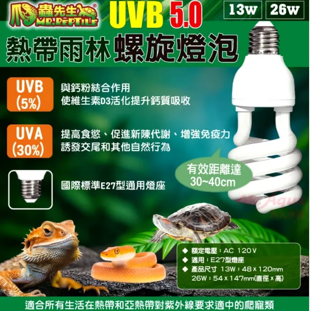 【爬蟲先生】13W熱帶雨林型5.0紫外線螺旋燈泡UVA+UVB省電燈泡/加溫燈泡/晒背燈(適用陸龜.爬蟲類B5013)
