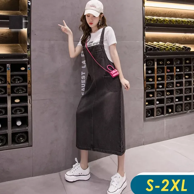【CHACO】/現+預購/百搭簡約刷白吊帶 黑色牛仔長版連身裙#3615(吊帶 牛仔 連身裙 黑色 女)