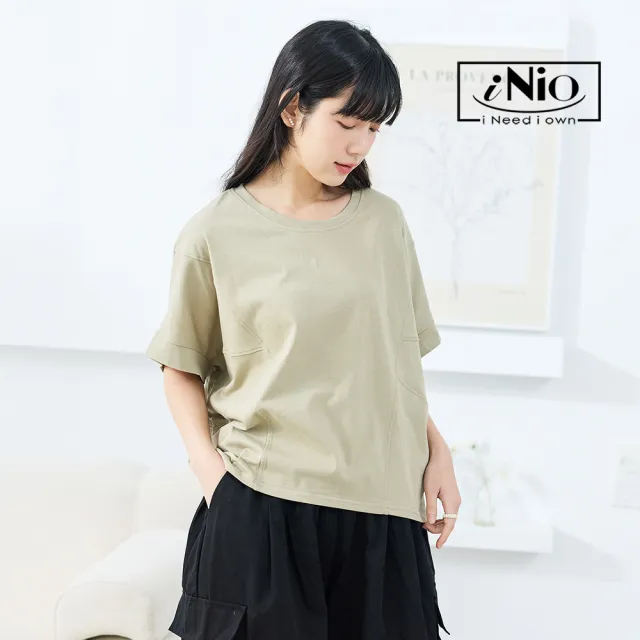 【iNio 衣著美學】短袖上衣 線條拼接 寬版 休閒棉T(CEW1141)