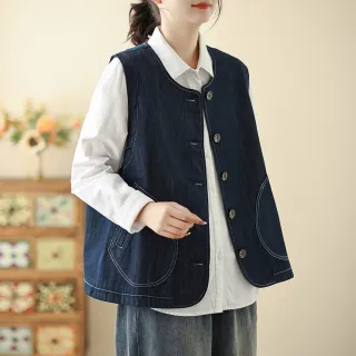 【ACheter】休閒背心馬排扣復古外套百搭#125997(深藍)