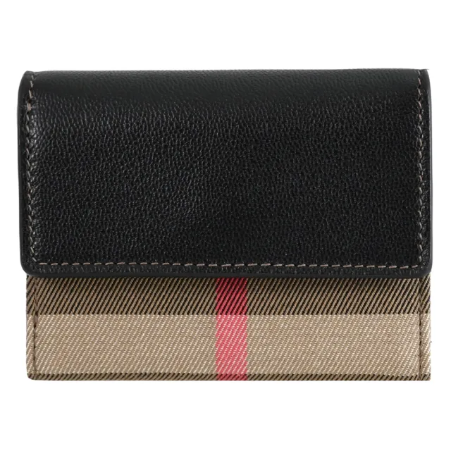 【BURBERRY 巴寶莉】英系經典格紋小牛皮拼接三折扣式零錢短夾(黑)