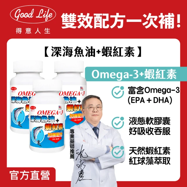 【得意人生】深海魚油+蝦紅素_富含DHA EPA 3入組(共180粒 沈永慶藥師推薦 高單位Omega-3魚油 蝦紅素)