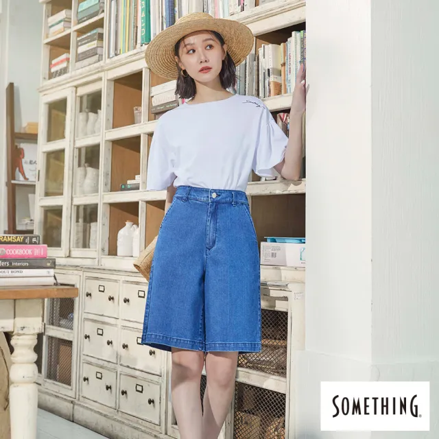 【SOMETHING】女裝 斜口袋基本寬版五分褲(拔洗藍)