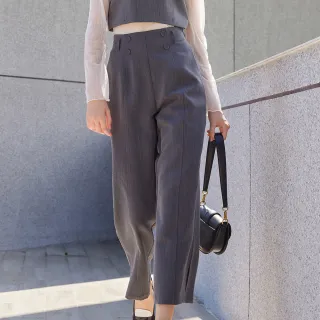 【H2O】前裝飾釦剪接長寬褲(#5638003 西裝褲、寬褲、素色長褲 黑色/黑灰色)