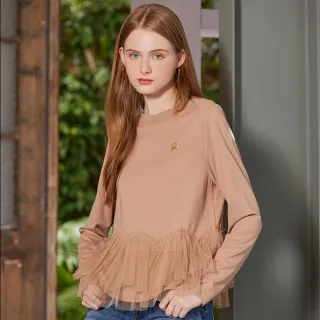 【IENA】下擺雙層網紗抽皺上衣(#5251003 長袖上衣、圓領上衣 綠色/卡色)