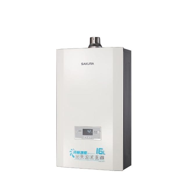 SAKURA櫻花牌 DH-1693 瓦斯熱水器,採用先進數位恆溫技術,提供穩定舒適熱水,16L大水量適合全家使用。FE強制排氣式設計確保安全排氣,電子自動點火操作簡易。熱效率高達83.0%,能源效率第二級,節能環保。臺灣原廠製造,尺寸345x184x580mm,重量僅19kg,110V電壓,保固1年,BSMI認證R51085,適用天然瓦斯,完美解決居家熱水需求。 SAKURA櫻花牌 DH-1693