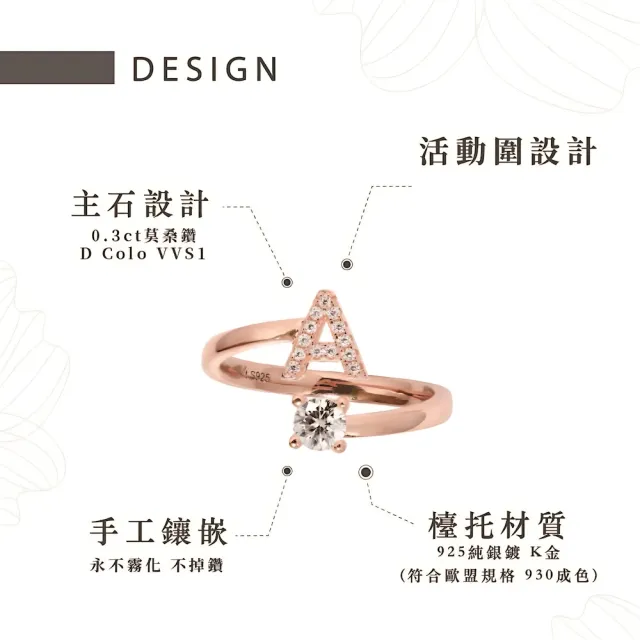【幸福珠寶】莫桑石925純銀鍍K金字母戒指(玫瑰金字母戒指 Happy  母親節禮物  )