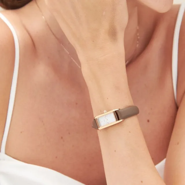 【ete】輕奢質感矩形真皮腕錶(玫瑰金色)