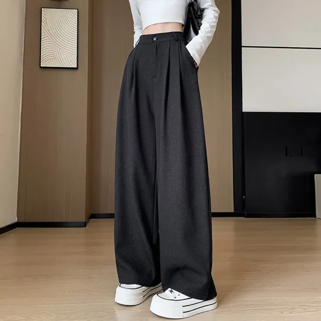 【巴黎精品】高腰休閒長褲寬褲直筒褲西裝褲落地褲顯瘦大碼休閒女裝(寬鬆女褲子3色n1lb72)