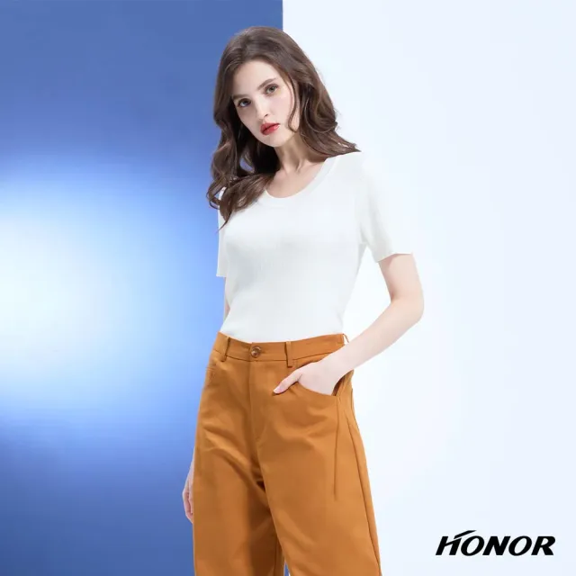 【HONOR 山形屋】出清品 素色大圓領坑條短袖上衣-白/黑/淺紫(限定出清)