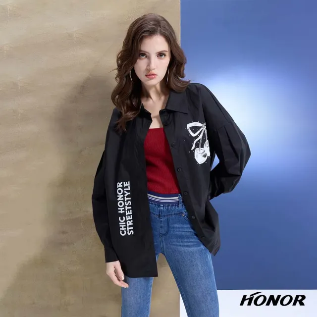 【HONOR 山形屋】出清品 網點蝶結櫻桃印花長版襯衫-黑/紫(限定出清)