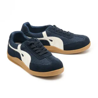 【MELROSE】美樂斯 美式復古跳色線條異材質綁帶厚底休閒鞋(藍)