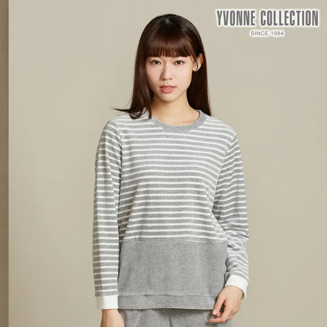 【YVONNE 以旺傢飾】條紋剪毛絨剪接長袖上衣-迷霧灰