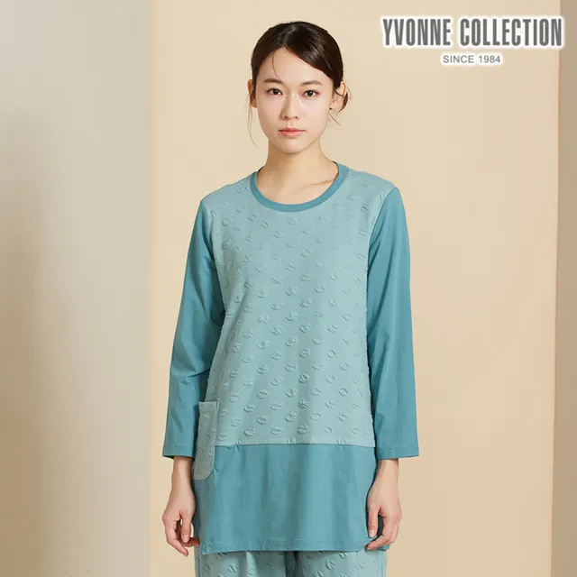 【YVONNE 以旺傢飾】圓點提花拼接長袖長上衣-淺藍綠