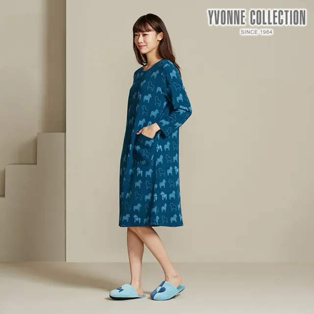 【YVONNE 以旺傢飾】冰島馬提花長袖洋裝-極光藍