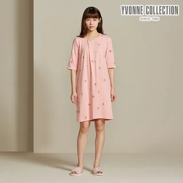 【YVONNE 以旺傢飾】海鸚鵡印花五分袖洋裝-薔薇粉