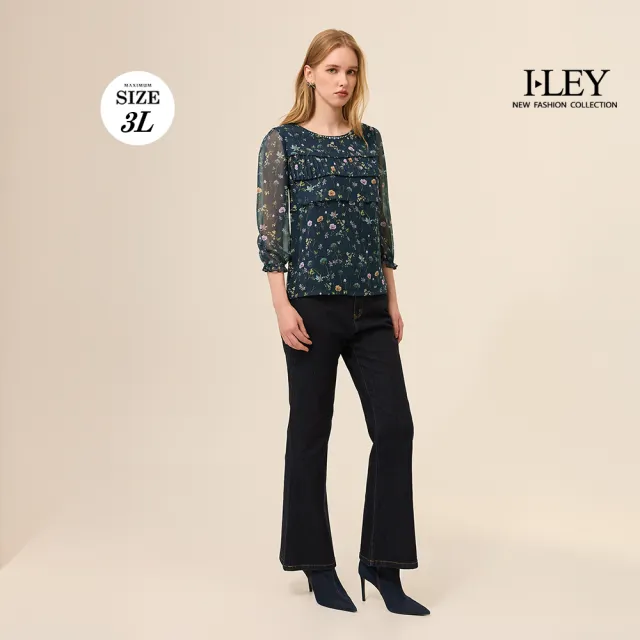 【ILEY 伊蕾】透膚層次造型印花雪紡上衣(深藍；M-3L；1253181108)