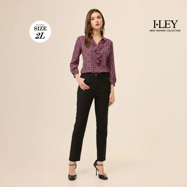 【ILEY 伊蕾】襯衫領垂墜造型格紋雪紡上衣(紫；M-2L；1253181106)