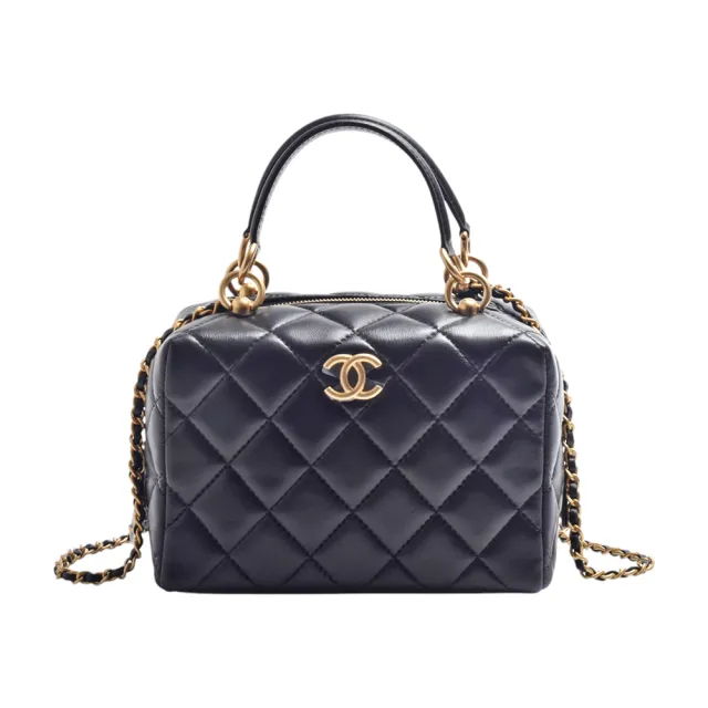【CHANEL 香奈兒】經典仿舊雙C LOGO菱格小羊皮金鏈保齡球手提/斜背包(黑色AS4202L-BLK-GPN)