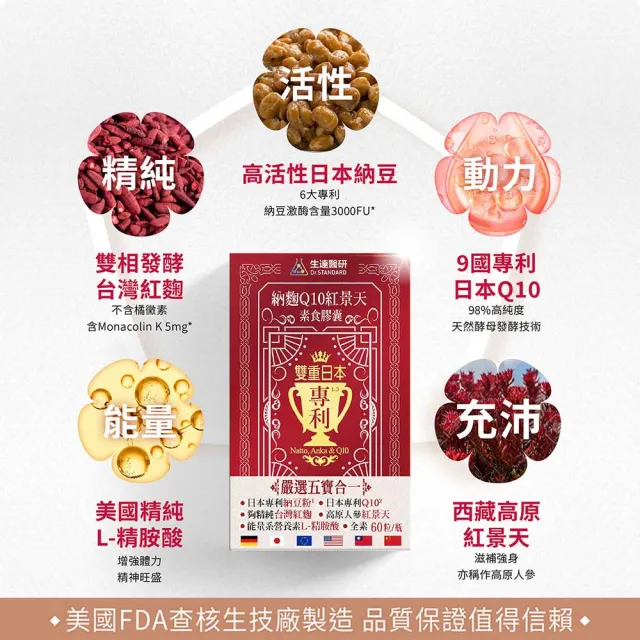 【生達醫研】納麴Q10紅景天素食膠囊X3瓶(贈牛樟芝1盒 60粒/瓶 納豆.紅麴.Q10.L-精胺酸.紅景天)