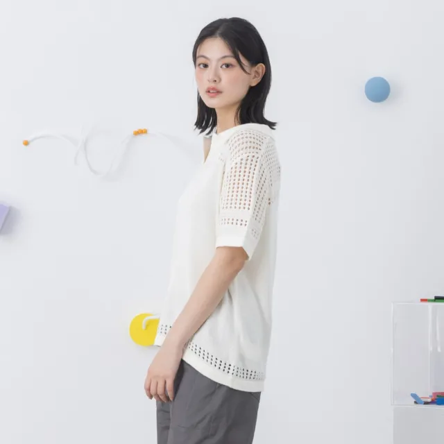 【MOSS CLUB】肩上洞洞鏤空半開襟翻領短袖針織上衣(藍 白 杏/魅力商品)