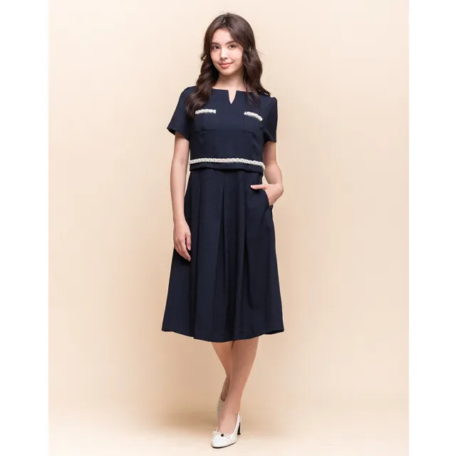 【perng yuh 芃諭名品】藍韻雅緻 輕花紗 仿兩件式 洋裝(2025 AW Collection|4C秋冬新品上市)