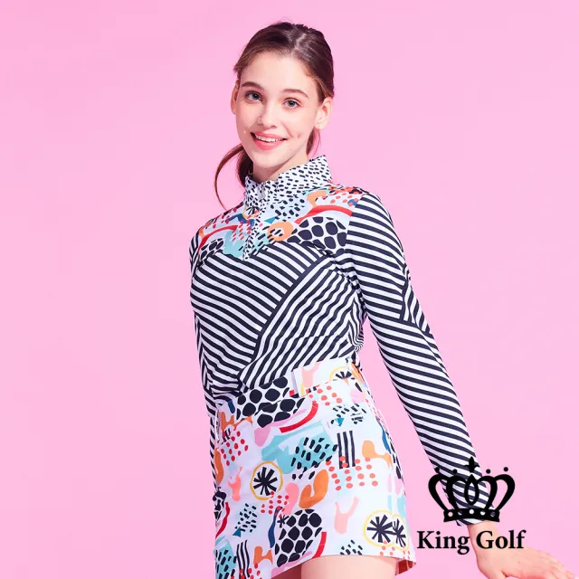 【KING GOLF】速達-網路獨家單特-女款筆刷感幾何條紋拼接插畫印花立領拉鍊長袖POLO衫/高爾夫球衫(白色)