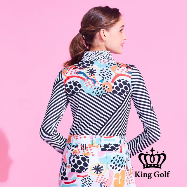 【KING GOLF】速達-網路獨家單特-女款筆刷感幾何條紋拼接插畫印花立領拉鍊長袖POLO衫/高爾夫球衫(白色)