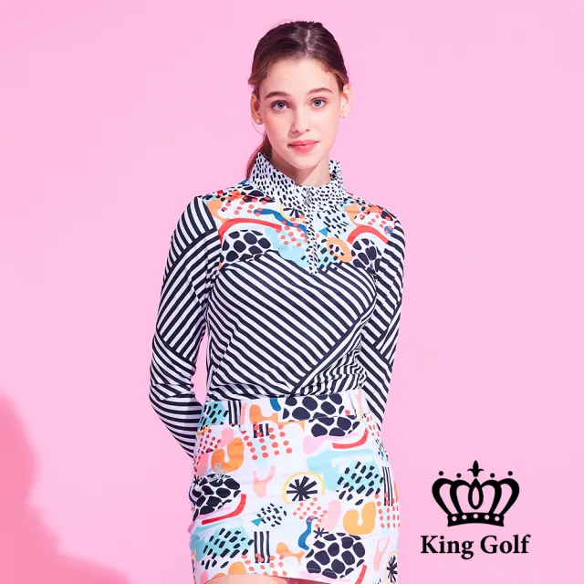 【KING GOLF】速達-網路獨家單特-女款筆刷感幾何條紋拼接插畫印花立領拉鍊長袖POLO衫/高爾夫球衫(白色)