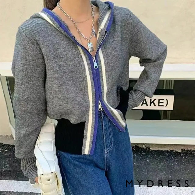 【MYDRESS】正韓空運-撞色邊設計拉鍊連帽外套