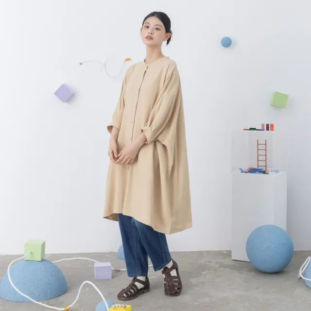 【MOSS CLUB】前開襟後襬打褶棉質八分袖洋裝(黑 卡/魅力商品)