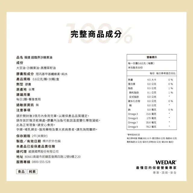 【Wedar 薇達】超臨界沙棘果油 1盒(30顆/盒.素食魚油.omega.沙棘果.黑種草籽.循環保健.純素)