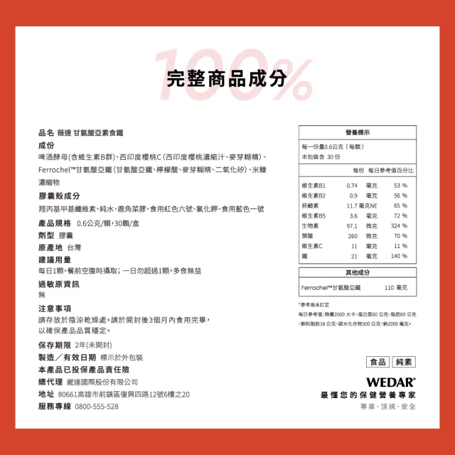 【Wedar 薇達】甘氨酸亞素食鐵 4盒組(30顆/盒.補鐵.葉酸.孕期補鐵.維他命C.B群)