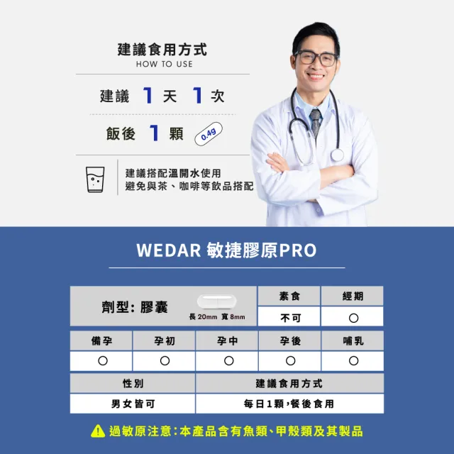 【Wedar 薇達】敏捷膠原膠囊PRO 1盒(30顆/盒.葡萄糖胺.非變性二型膠原.玻尿酸.鮭魚鼻軟骨)