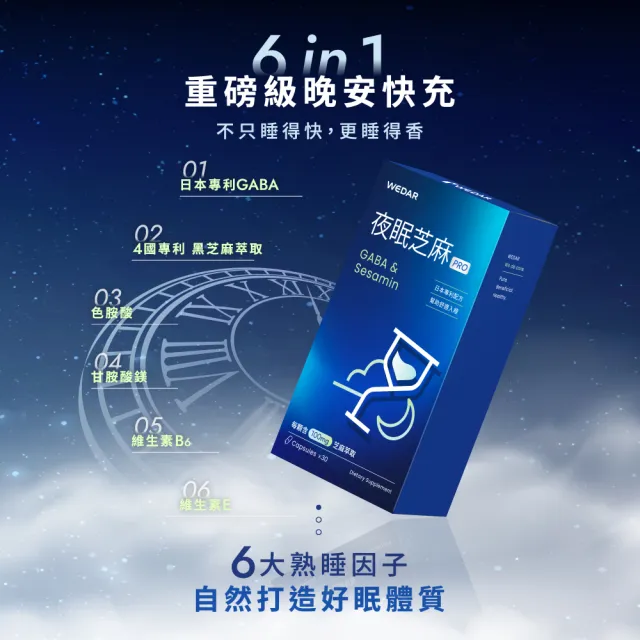 【Wedar 薇達】夜眠芝麻PRO 6盒組(30顆/盒.日本專利GABA.芝麻素.色胺酸)