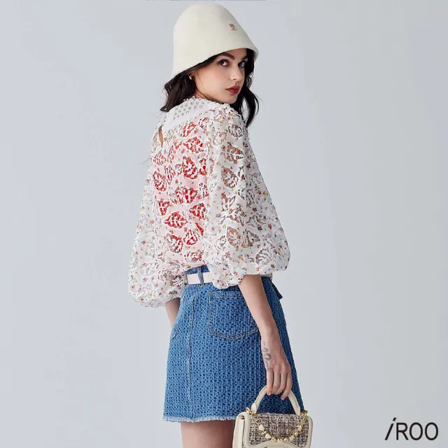 【iROO】簍空蕾絲印花單品上衣