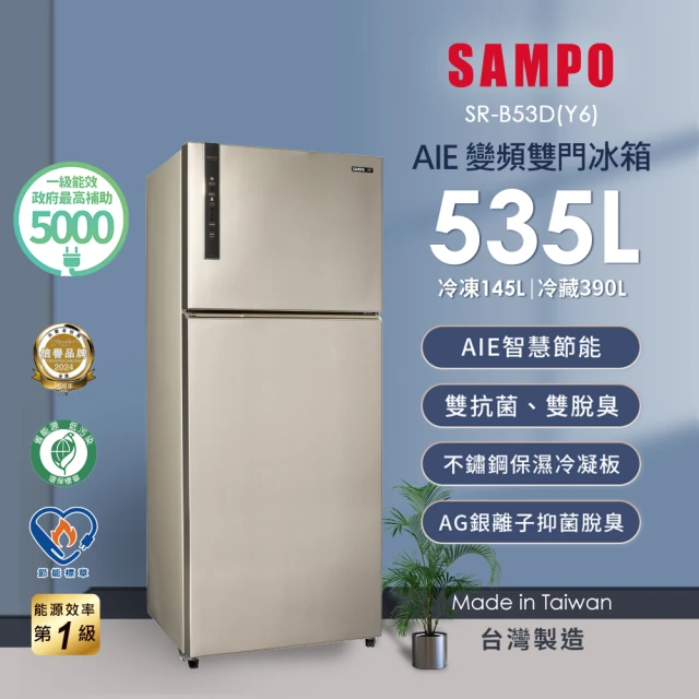 【SAMPO 聲寶】58H快配momo獨家535公升一級能效平面鋼板系列變頻右開冰箱(SR-B53D-Y6)