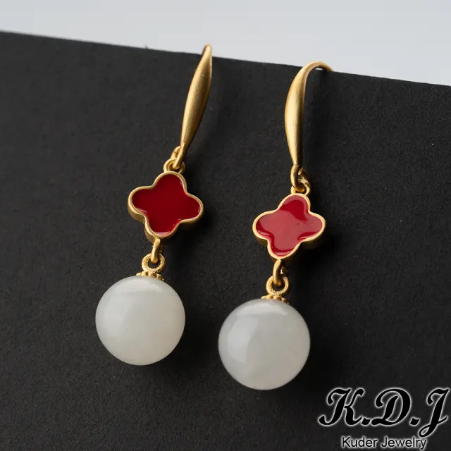 【K.D.J 圓融珠寶】天然和闐玉白玉幸運草耳勾款