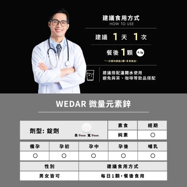 【Wedar 薇達】義大利專利微量元素鋅 6盒組(30顆/盒.精力充沛.備孕好孕.男性保健.皮膚健康.Zinc.純素)