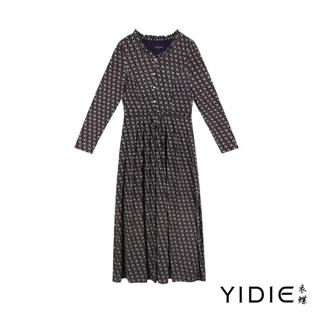 【YIDIE】荷葉領幾何紋長洋裝-紫