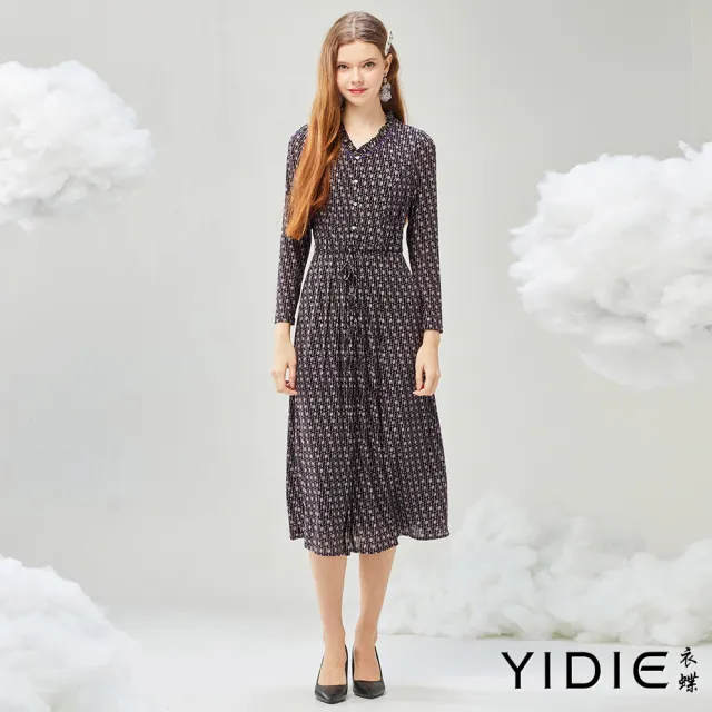 【YIDIE】荷葉領幾何紋長洋裝-紫